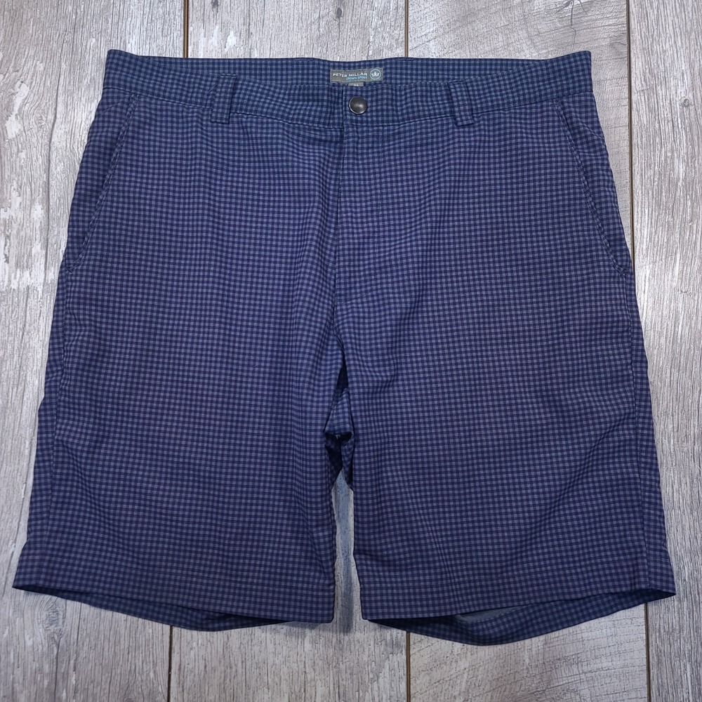 Peter Millar Shorts Mens 34 Blue Gingham Check Crown Sport Performance Golf